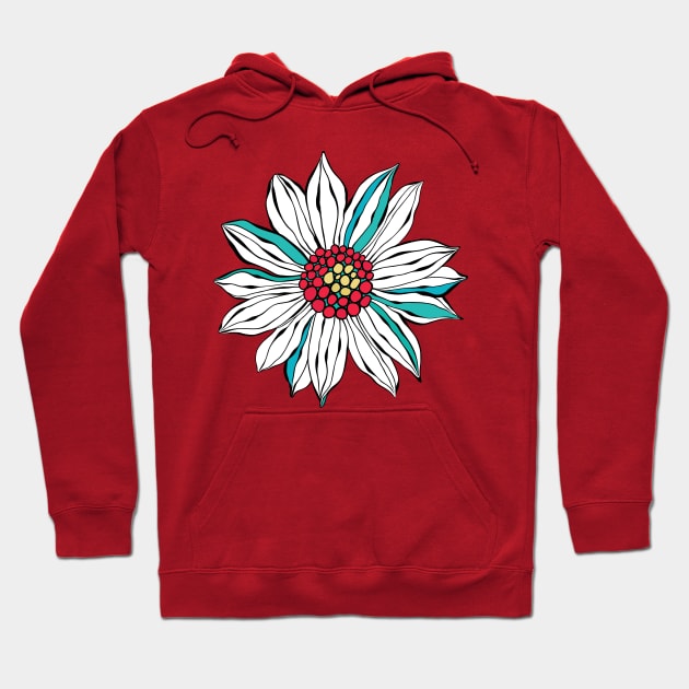 White Teal Yellow Red Daisy Flower Hoodie by CatyArte